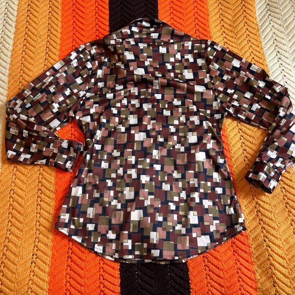Late 1970s Geometric satin brown green square print button up from XXX manager - Picture 15 of 15